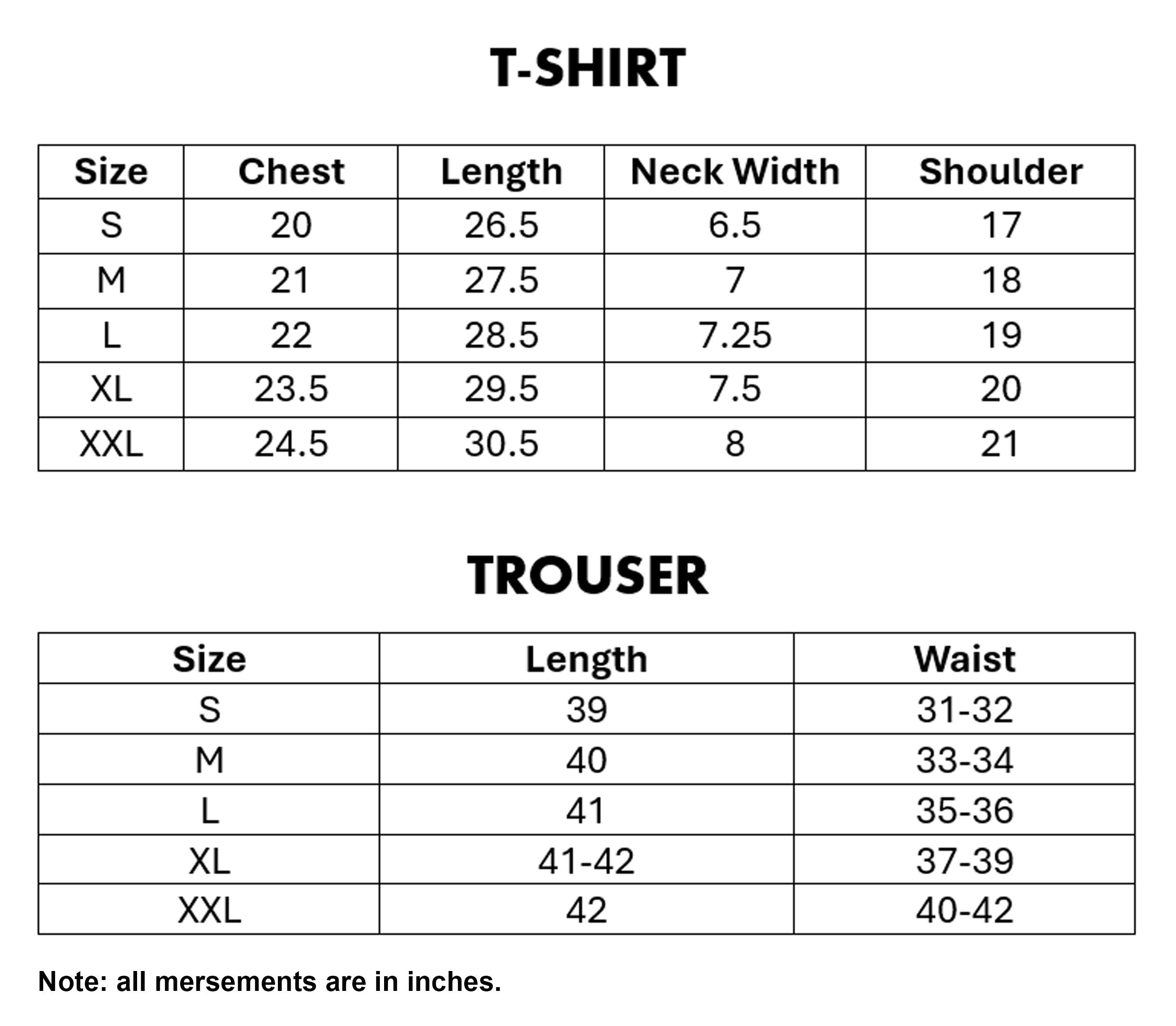 Size chart